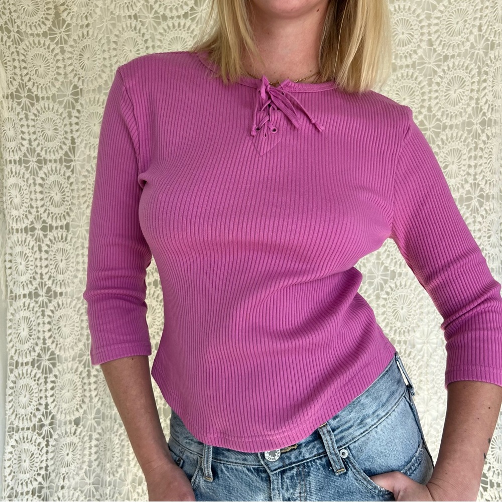 Elegant Fuchsia Ribbed Long Sleeve Top
